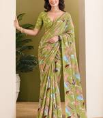 Mehndi green abstract printed pure georgette ready to wear saree