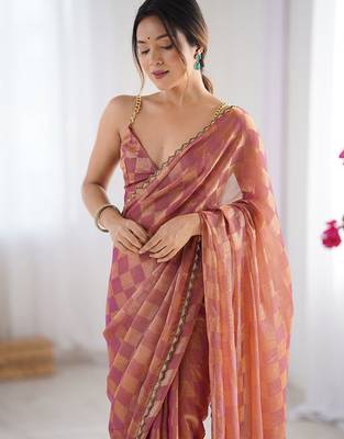Rust embellished checked sequinned  chiffon saree 1