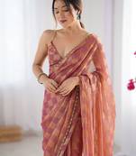 Rust embellished checked sequinned  chiffon saree