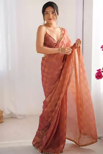 Rust embellished checked sequinned  chiffon saree