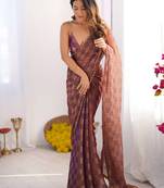 Purple woven design beads and stones  chiffon saree