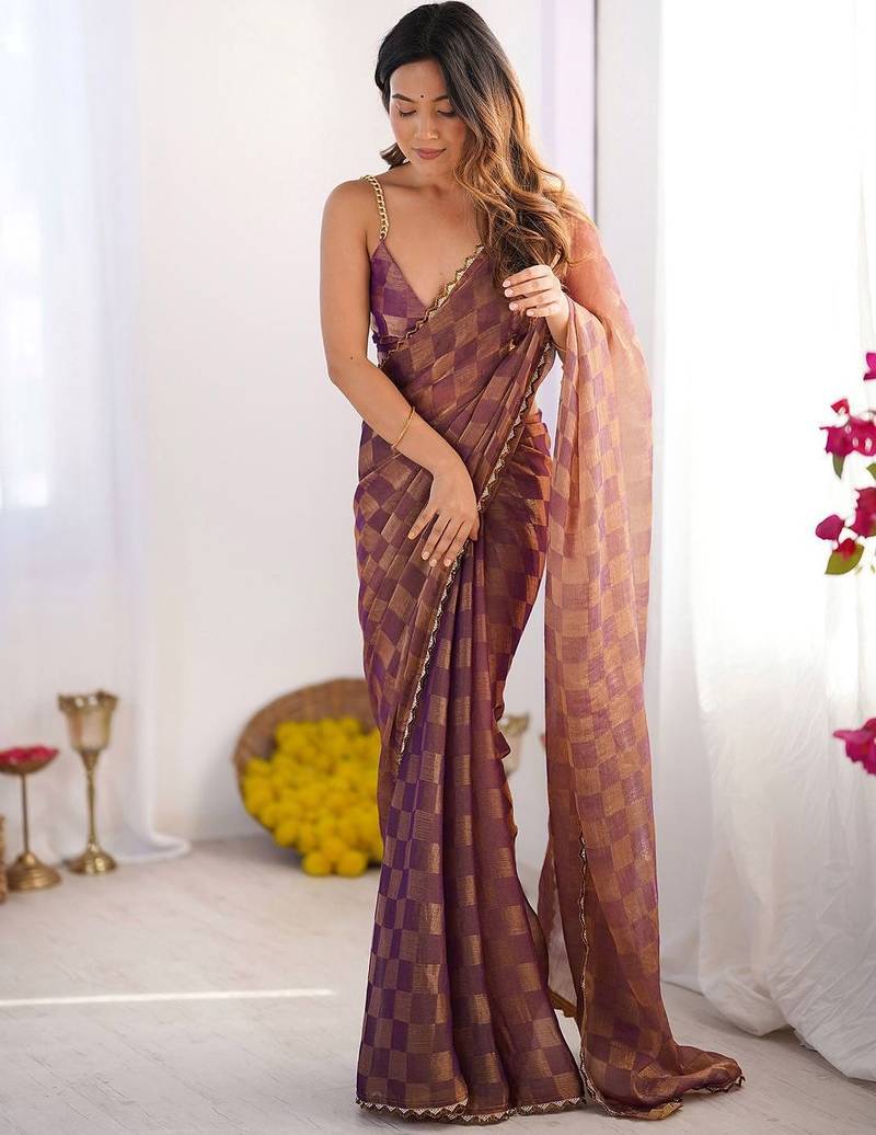 Purple woven design beads and stones  chiffon saree