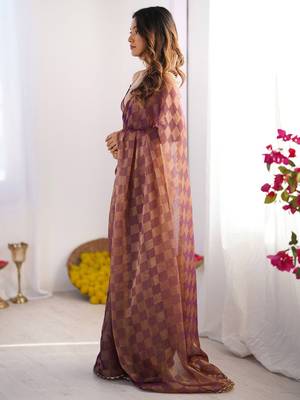 Purple woven design beads and stones  chiffon saree 2