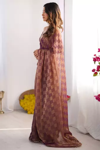 Purple woven design beads and stones  chiffon saree