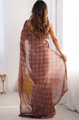 Purple woven design beads and stones  chiffon saree