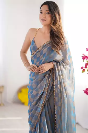 Blue woven design beads and stones  chiffon saree
