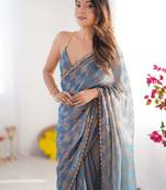 Blue woven design beads and stones  chiffon saree