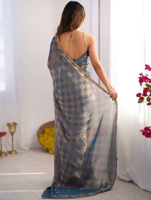 Blue woven design beads and stones  chiffon saree 3