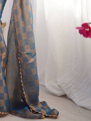 Blue woven design beads and stones  chiffon saree 5
