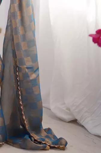 Blue woven design beads and stones  chiffon saree