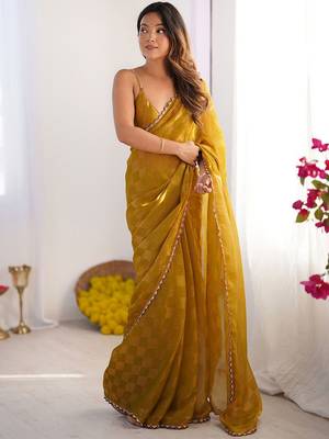 Mustard woven design beads and stones  chiffon saree 1