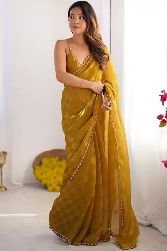 Mustard woven design beads and stones  chiffon saree