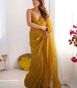 Mustard woven design beads and stones  chiffon saree