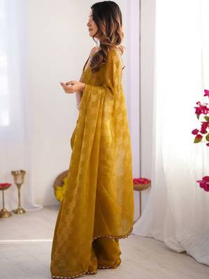 Mustard woven design beads and stones  chiffon saree 2