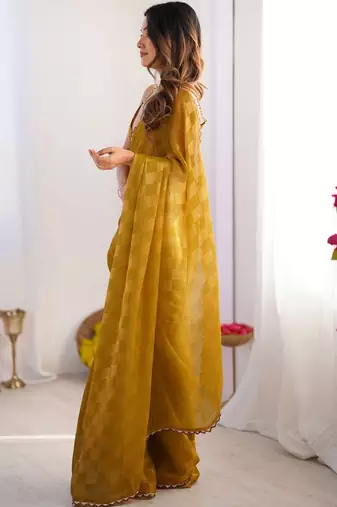 Mustard woven design beads and stones  chiffon saree