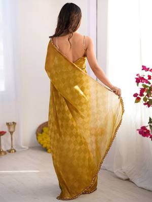 Mustard woven design beads and stones  chiffon saree 3