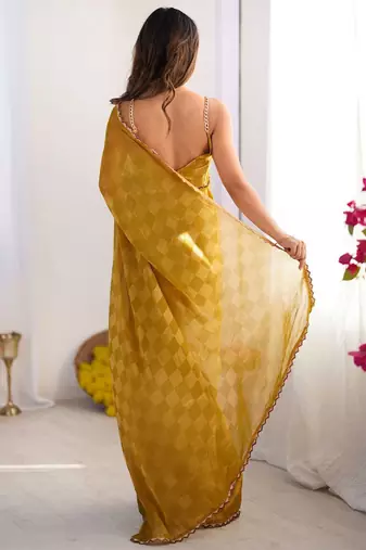 Mustard woven design beads and stones  chiffon saree