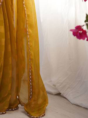 Mustard woven design beads and stones  chiffon saree 5