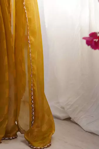 Mustard woven design beads and stones  chiffon saree