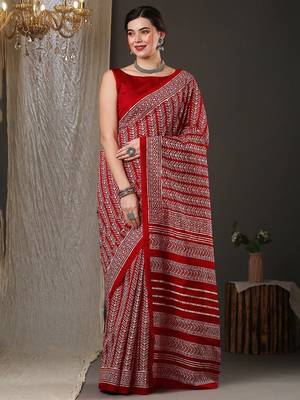 Red ethnic motifs printed art silk bhagalpuri saree 1