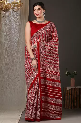 Red ethnic motifs printed art silk bhagalpuri saree
