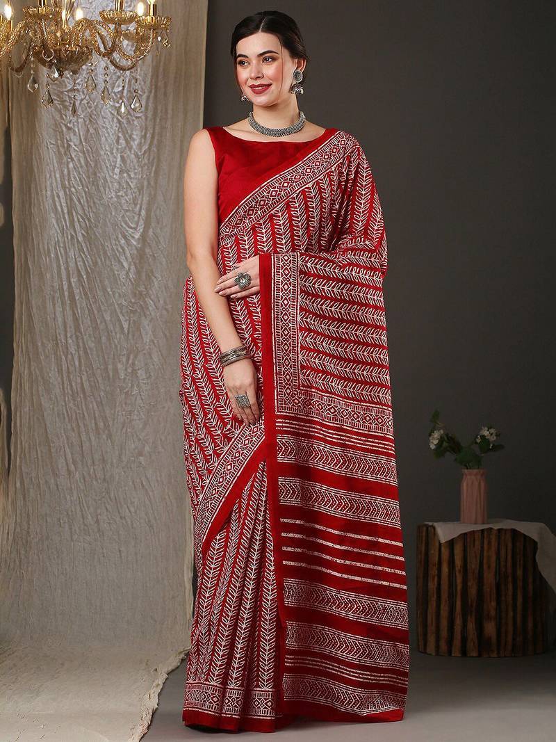 Red ethnic motifs printed art silk bhagalpuri saree