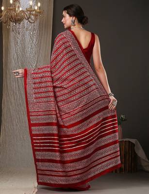Red ethnic motifs printed art silk bhagalpuri saree 2