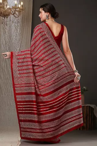 Red ethnic motifs printed art silk bhagalpuri saree