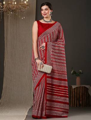 Red ethnic motifs printed art silk bhagalpuri saree 3