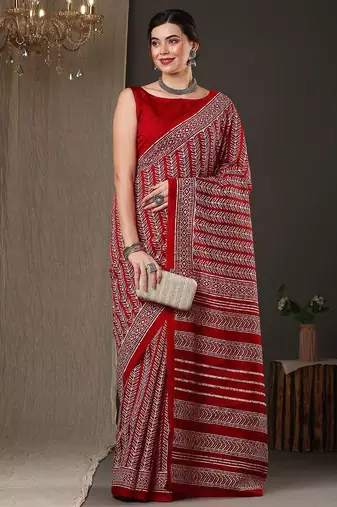 Red ethnic motifs printed art silk bhagalpuri saree