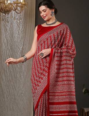 Red ethnic motifs printed art silk bhagalpuri saree 4