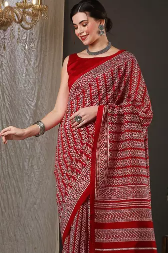 Red ethnic motifs printed art silk bhagalpuri saree