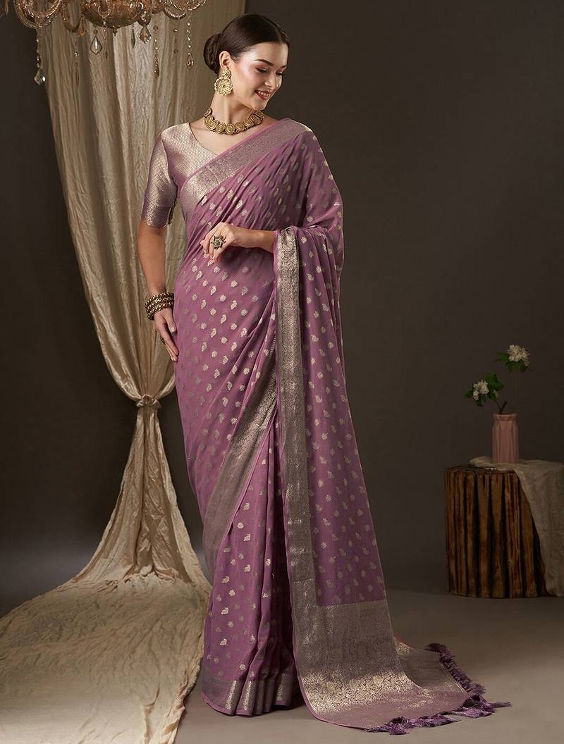 Mauve mauve & gold-toned woven design zari  georgette kanjeevaram saree