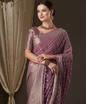 Mauve mauve & gold-toned woven design zari  georgette kanjeevaram saree 4