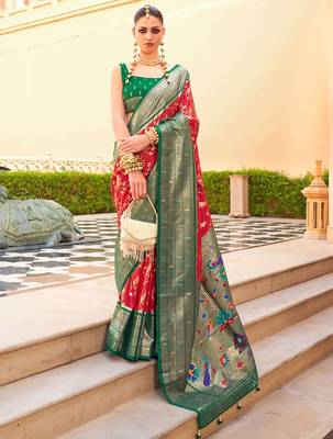 Red ethnic motifs zari silk blend banarasi saree 1