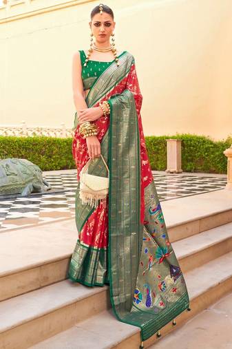 Red ethnic motifs zari silk blend banarasi saree
