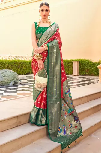 Red ethnic motifs zari silk blend banarasi saree
