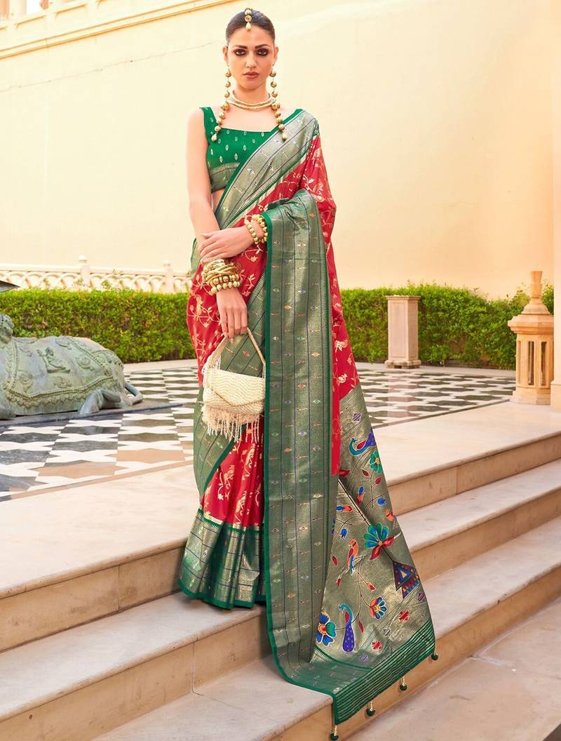 Red ethnic motifs zari silk blend banarasi saree