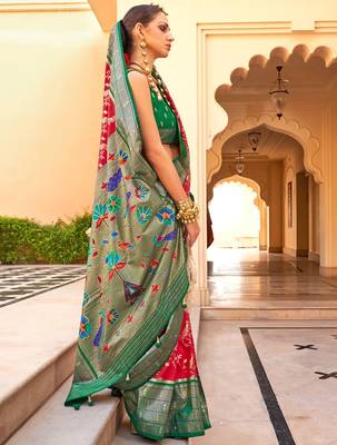 Red ethnic motifs zari silk blend banarasi saree 2