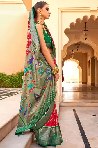 Red ethnic motifs zari silk blend banarasi saree