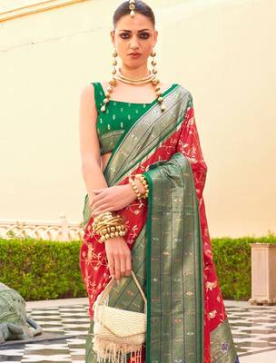 Red ethnic motifs zari silk blend banarasi saree 3