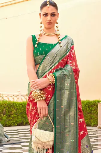 Red ethnic motifs zari silk blend banarasi saree