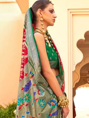 Red ethnic motifs zari silk blend banarasi saree 4