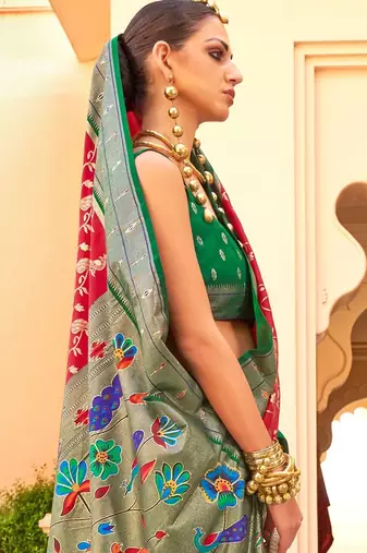 Red ethnic motifs zari silk blend banarasi saree