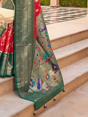 Red ethnic motifs zari silk blend banarasi saree 5