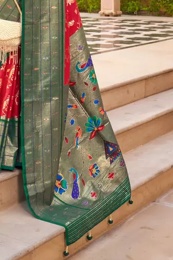 Red ethnic motifs zari silk blend banarasi saree