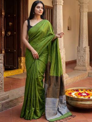 Green zari  cotton khadi saree 1