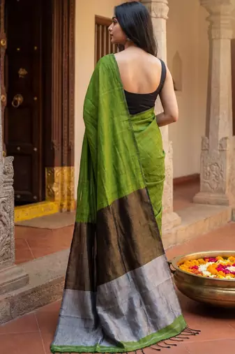 Green zari  cotton khadi saree