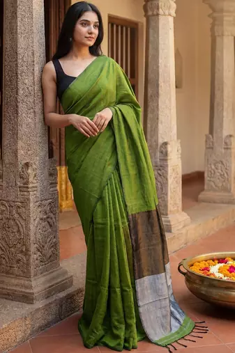 Green zari  cotton khadi saree