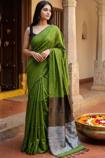 Green zari  cotton khadi saree